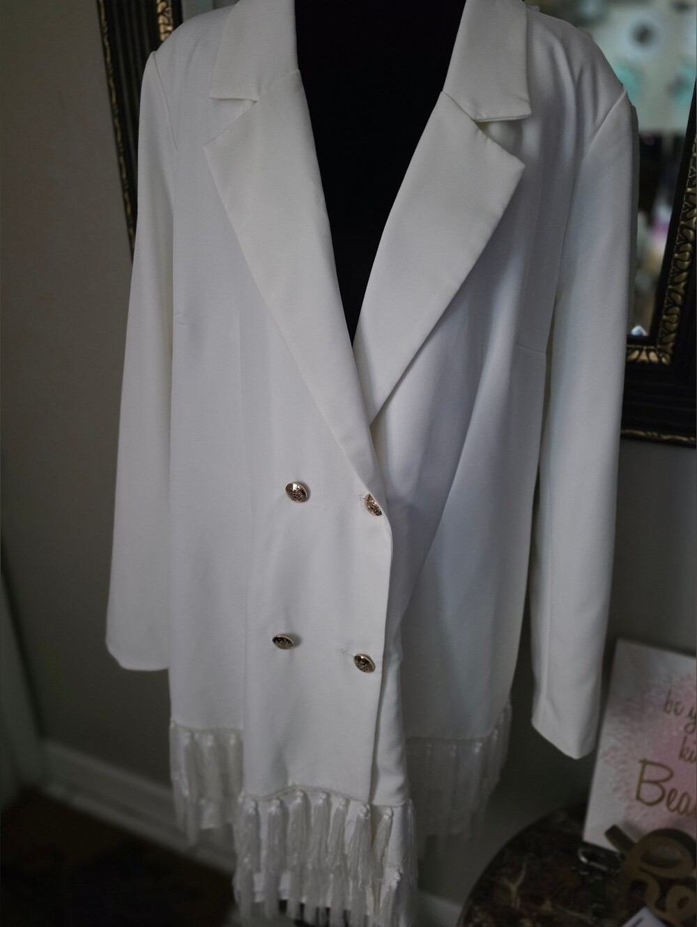 White Double-Breasted Fringe Blazer Jacket Dress